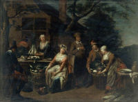 A group of peasants, vegetables and fruit