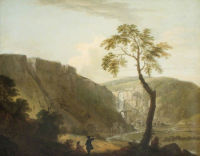 A rocky landscape with waterfall and an artist seated in the foreground