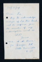 Hand written letter regarding War Loan Fund