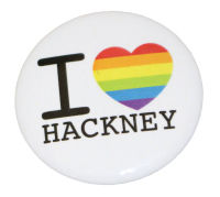 I Heart Hackney badge featuring Pride flag
