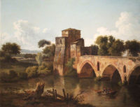 A river scene with a bridge and a boat with fishermen in the foreground